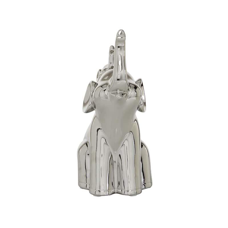 Silver Porcelain Ceramic Elephant Decorative Sculpture - 5 x 7 x 11