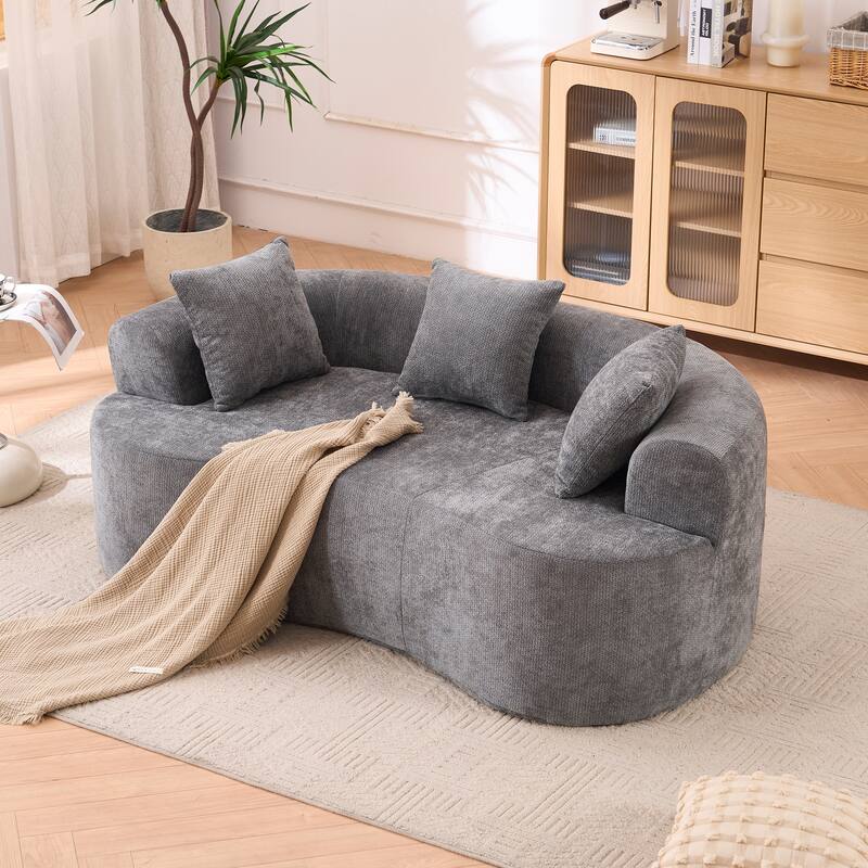 Chenille Crescent-Shaped Loveseat Sofa, High-Resilience Foam Filled 3-Seater Sofa, Upholstered Floor Sofa with Pillows