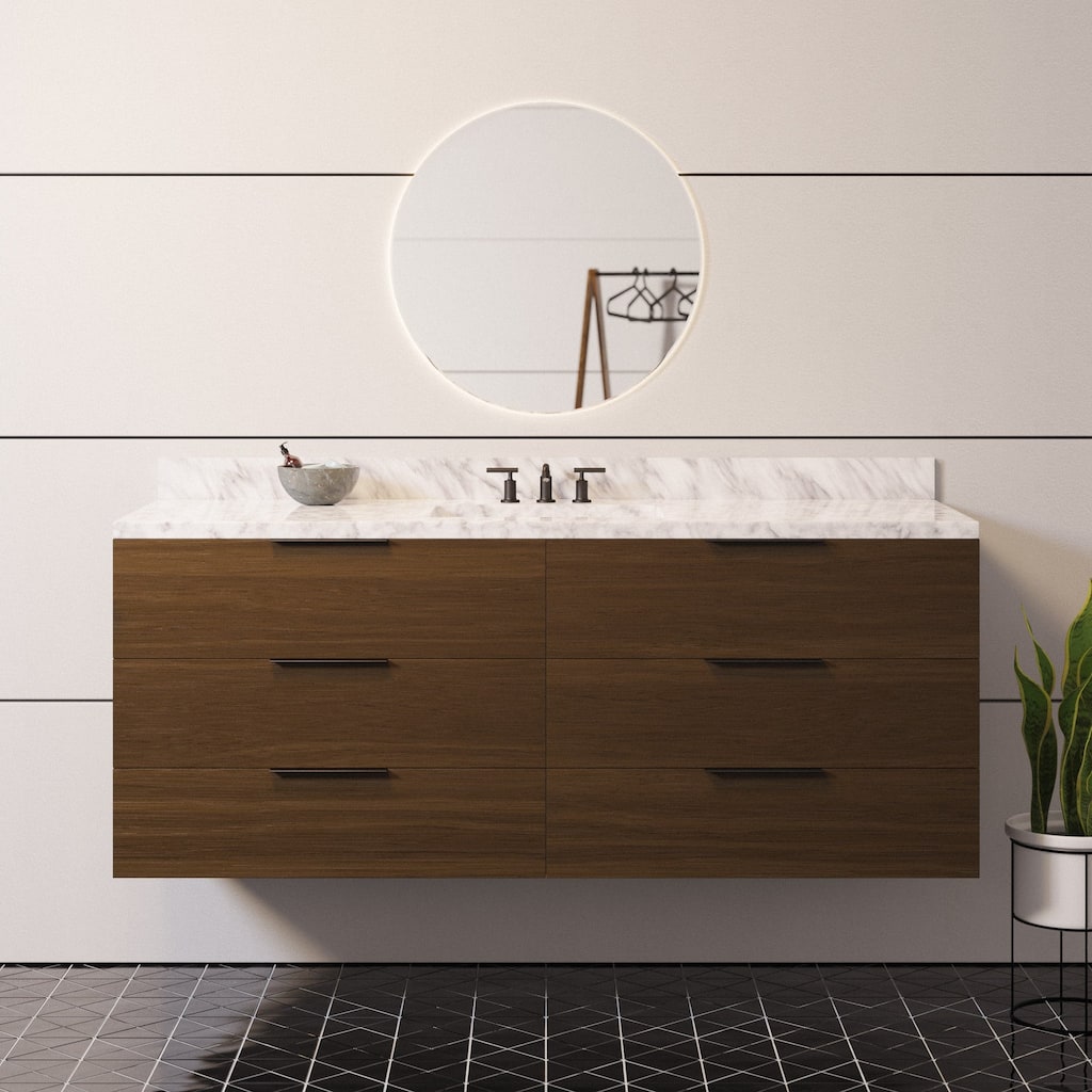 KitchenBathCollection Oslo 60" Floating Wall-Mounted Single Bathroom Vanity with Carrara Marble Top