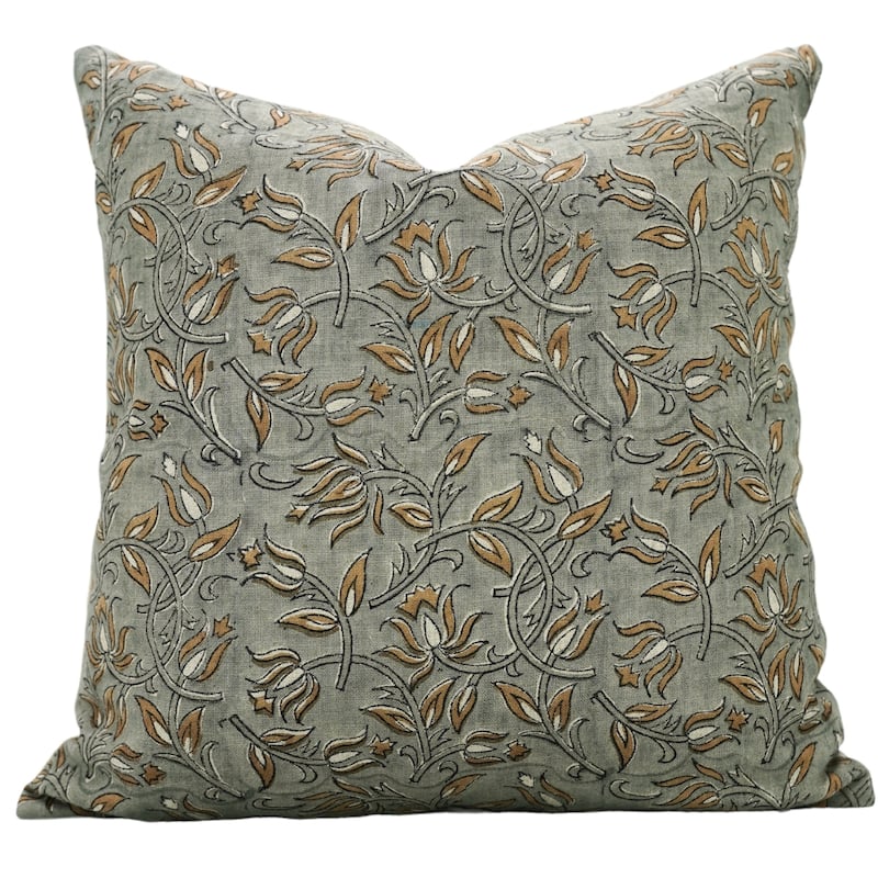 Fabdivine 12x20 Handmade Pure Linen Cushion Cover Floral Mustard Ideal for Sofa, Floral Block Print, Accent Décor, Bagru Buti - Pillow Covers - Kamal- Dutta- Rust, Grey - 22" x 22"