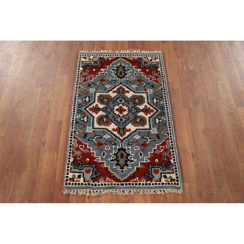 Geometric Blue Kazak Indian Foyer Rug Hand-Knotted Wool Carpet - 2'0" x 3'0"