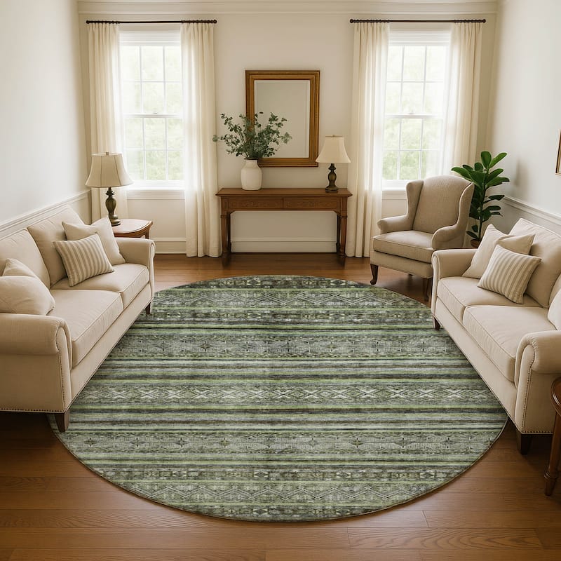 Premium Washable Super Soft Boho Stripes Mayfield Rug - Olive - 8' x 8'
