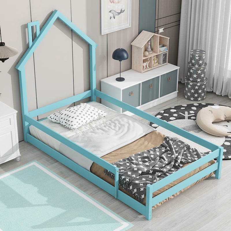 Pine Wood House Floor Bed Frame with House Shaped Headboard - Blue