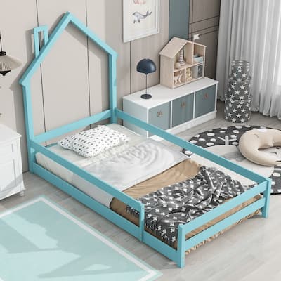 Pine Wood House Floor Bed Frame with House Shaped Headboard