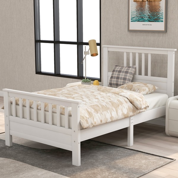 slide 2 of 8, Twin Wood Platform Bed with High Headboard and Footboard for Elegant Bedroom Decor White