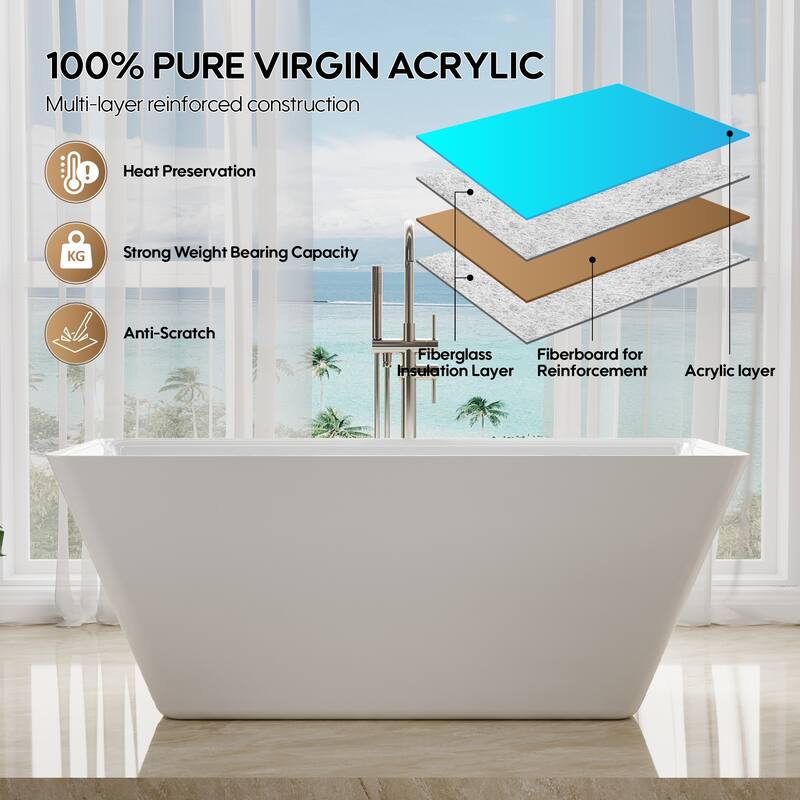 Freestanding Soaking Bathtub, 100% Pure Virgin Acrylic with Drain And Overflow,Glossy White