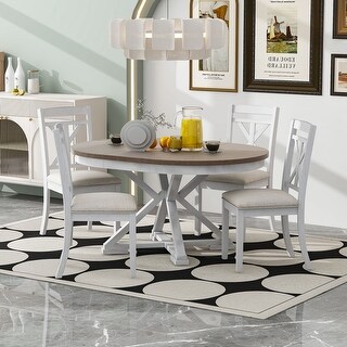 5-Piece Retro Functional Dining Table Set with Extendable Round Table ...