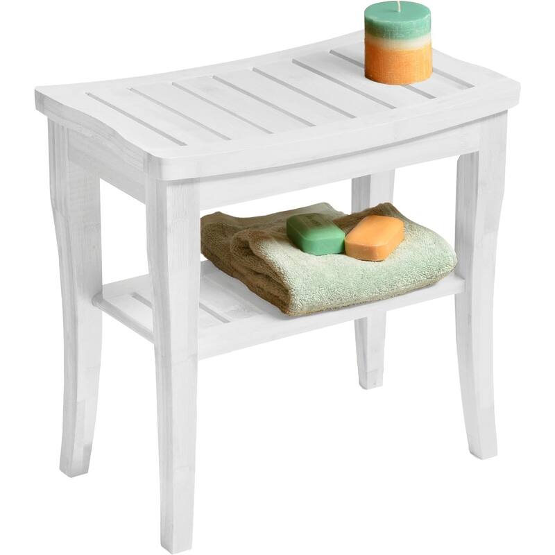Bamboo Shower Bench Spa Stool - Wood 2-Tier Seat, Foot Rest Shaving Stool with Non-Slip Feet + Storage Shelf - White