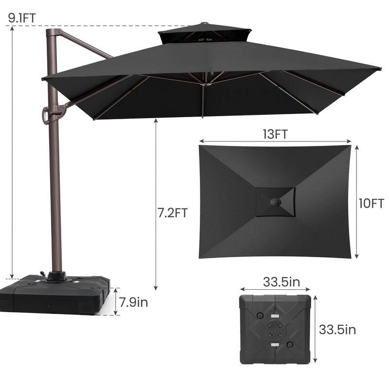 10X12.5 FT Outdoor Dual Top Patio Offset Umbrella 360 degrees Rotation with Base