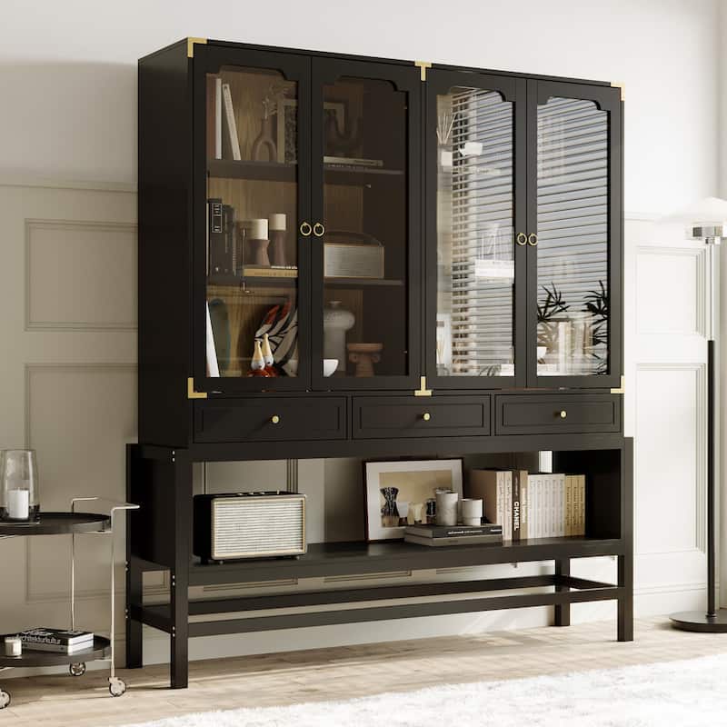 Bookshelves Black Display Cabinet with Glass Doors, Wood Grain Back, Metal Corner Accents - 66.1"x74.8"