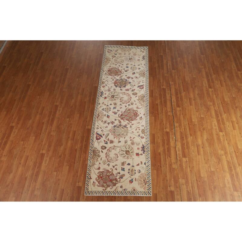 Hand Knotted Oriental 100% Wool Carpet Traditional All-Over Beige & Ivories Tabriz Runner Rug - 11' 1'' X 3' 3''