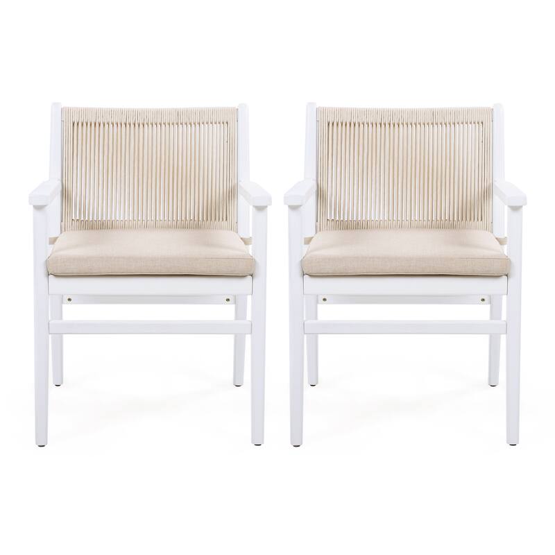Outdoor Dining Chairs Set of 2, Acacia Wood Patio Armchair with Rope Design Back and Water Repellent Cushion, White Frame