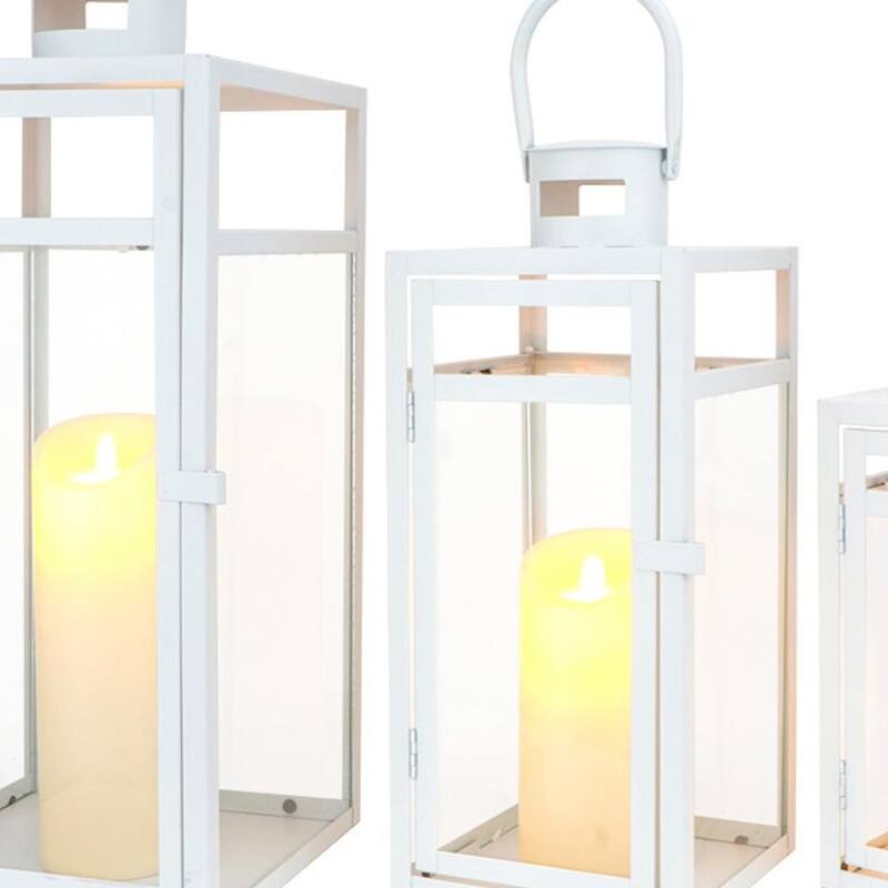 Set of Three Clear And White Glass And Stainless Steel Tabletop Lantern Candle Holders