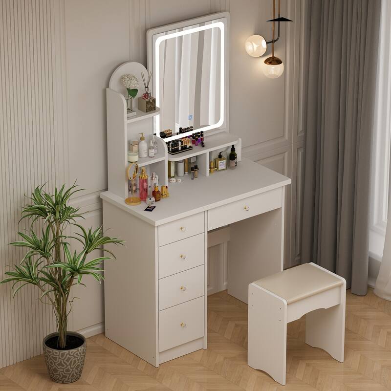 Vanity Desk with LED Lighted Mirror, Makeup Vanity Table with Drawers, Shelves and Stool