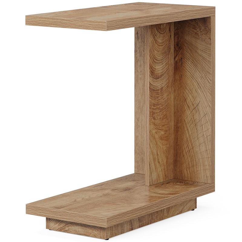 C-Shaped Side Table, 2-Tier Narrow End Table Wood Bedside Table