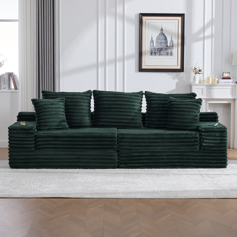 HOMEFUN Corduroy Upholstered Compressed Oversized Sofa Bed with Cup Holder and Side Pockets for Living Room