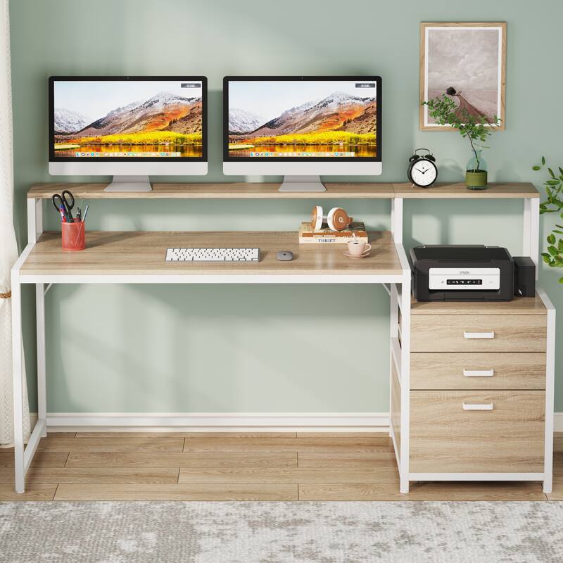 63 Inch Computer Desk with File Drawers, Ergonomic Office Desks with Monitor Stand
