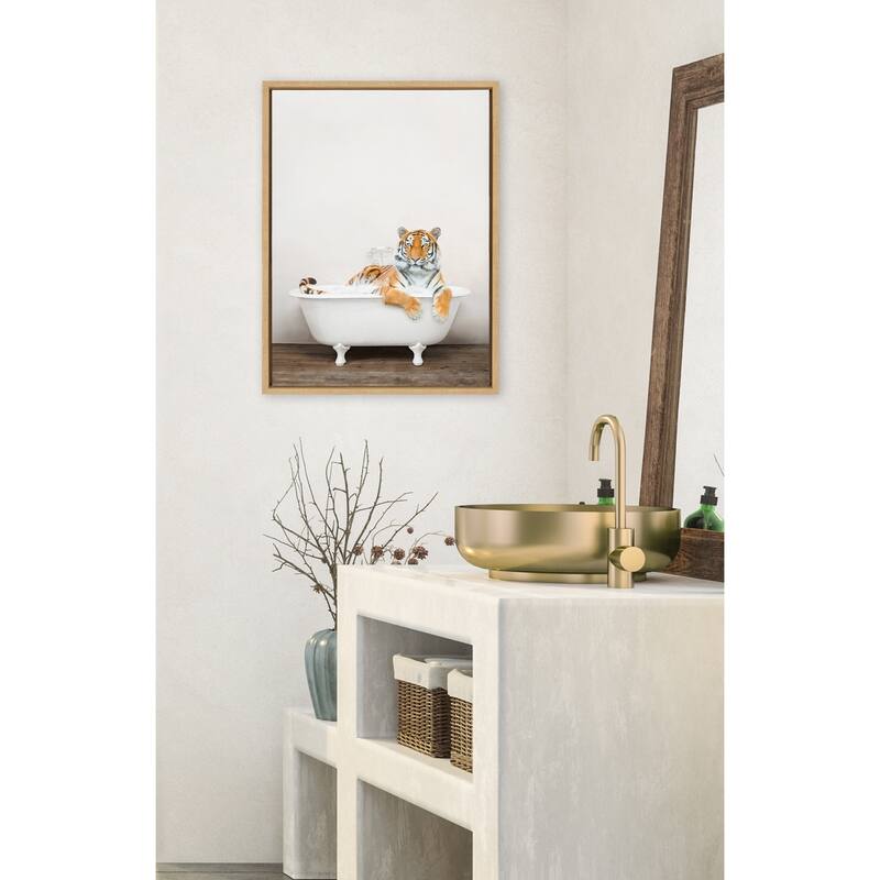 Kate and Laurel Bengal Tiger in Bath Framed Canvas by Amy Peterson