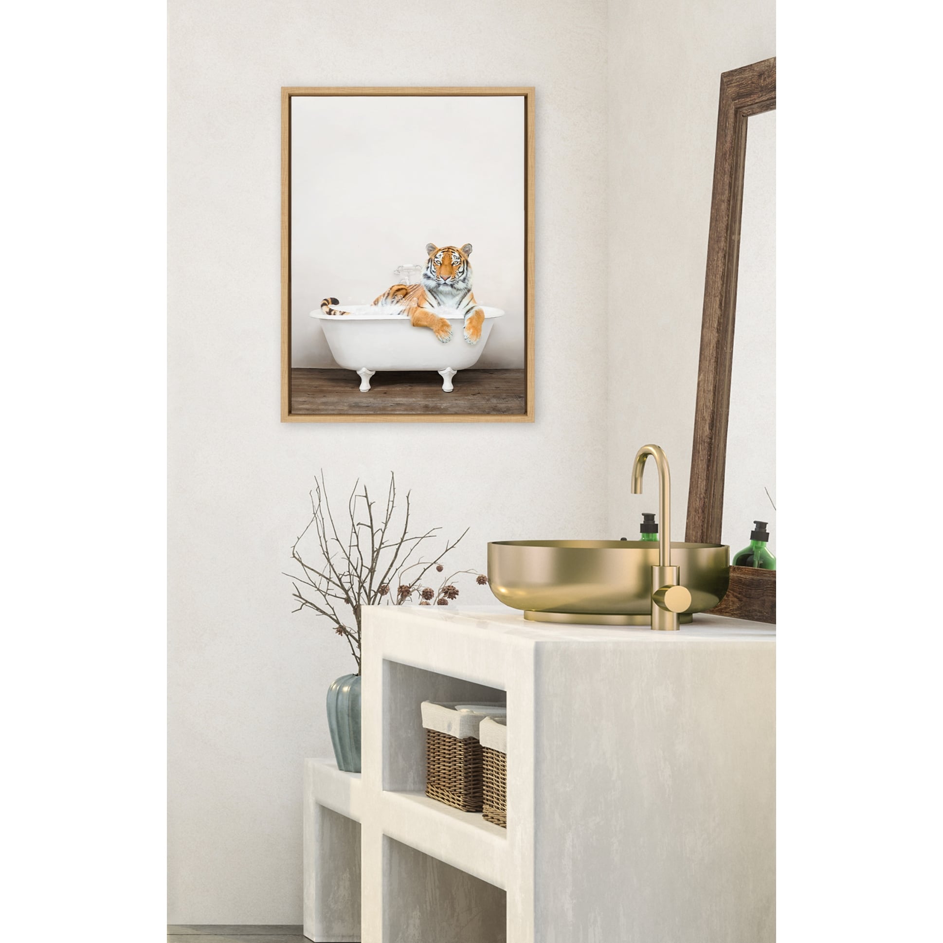 Kate and Laurel Bengal Tiger in Bath Framed Canvas by Amy Peterson