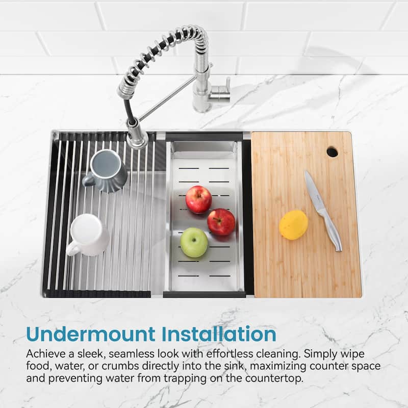 Stainless Steel Kitchen Sink, 33″x19″ Single Bowl, Undermount Handmade Sink in Brushed, with Cutting Board, Colander