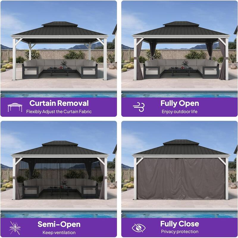 PURPLE LEAF Patio Hardtop Gazebo Pro for Outdoor Grey Galvanized Steel Double Roof White Aluminum Poles