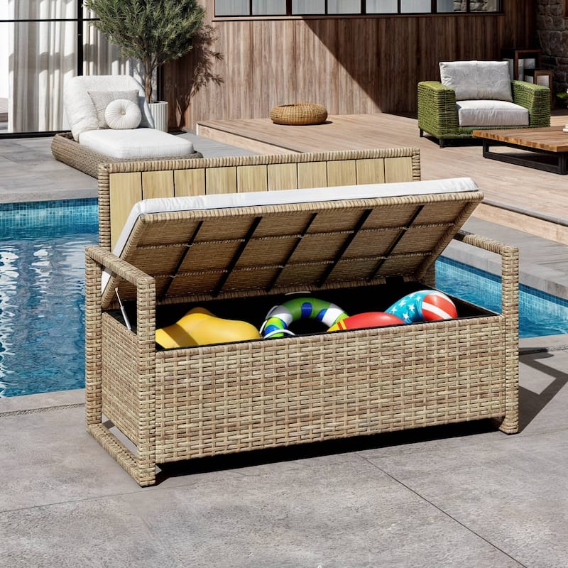 Moasis 70 Gallon Outdoor Storage Bench Weather-Resistant Woven Rattan Deck Box with Loveseat and Cushions