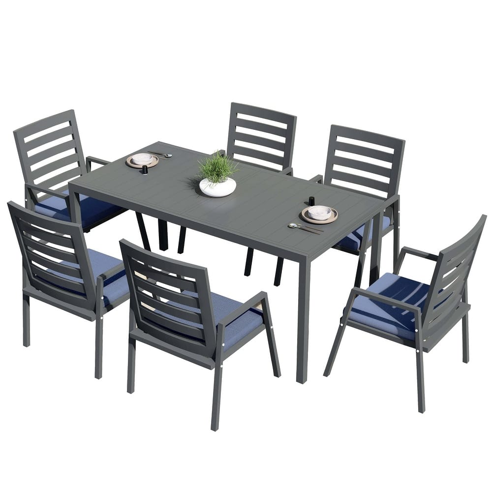 Chelsea 7-Piece Aluminum Outdoor Dining Set 78 in. Rectangular Table and 6 Dining Armchair w/ Cushions - N/A