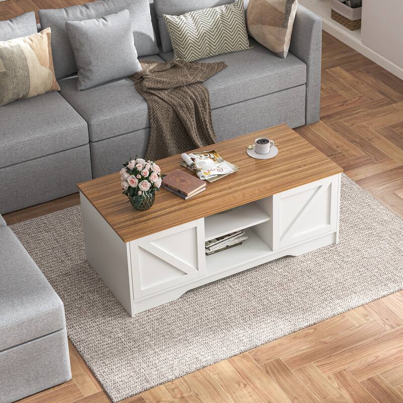 47" Rustic Farmhouse Coffee Table with Storage & Sliding Doors