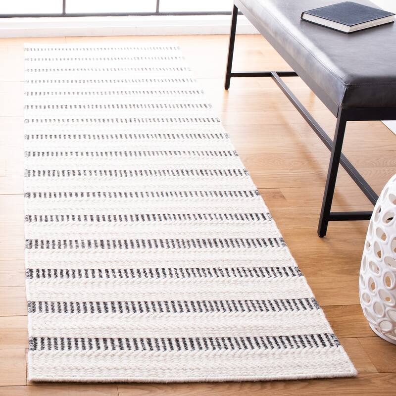 SAFAVIEH Handmade Vermont Tawnya Stripe Wool Rug - 2'3" x 8' Runner - Black/Ivory