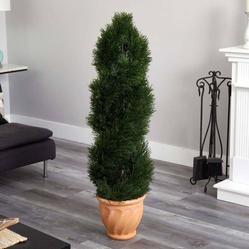 4.5ft Double Pond Cypress Topiary Artificial Tree Spiral Design in Terracotta Planter UV Resistant - Green