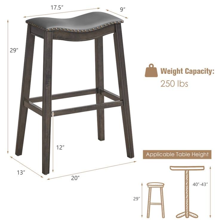 29 Inch Set of 2 Backless Wood Nailhead Barstools with PVC Leather Seat - 20" x 13" x 29" (L x W x H)