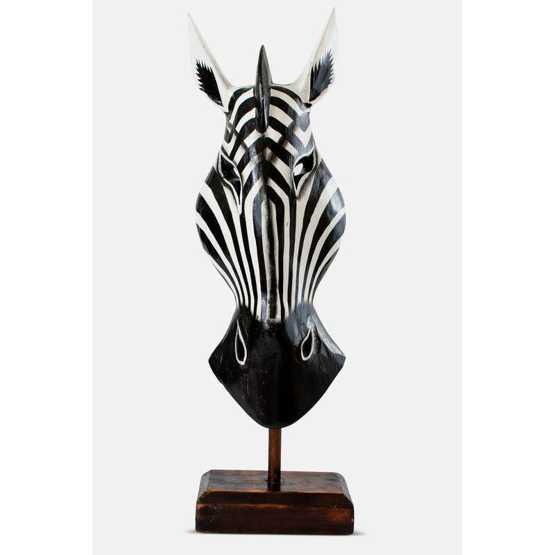 20" Wooden Tribal Striped Black White Zebra Mask with Stand Hand Carved Home Decor Accent Sculpture Decoration Handmade