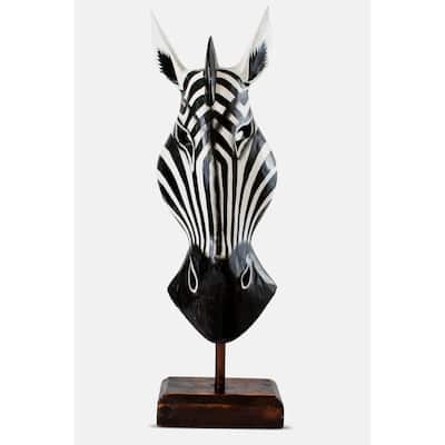 20" Wooden Tribal Striped Black White Zebra Mask with Stand Hand Carved Home Decor Accent Sculpture Decoration Handmade