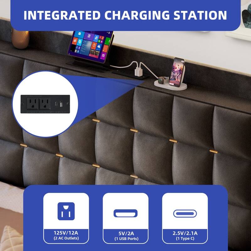 Moasis Queen/King Size Velvet Upholstered Bed with Charging Station and Storage Drawers
