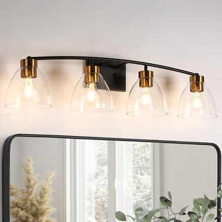 Modern Farmhouse 4-Light Black Gold Bathroom Vanity Lights Glass Wall Sconces - D32.3" x H8.6"