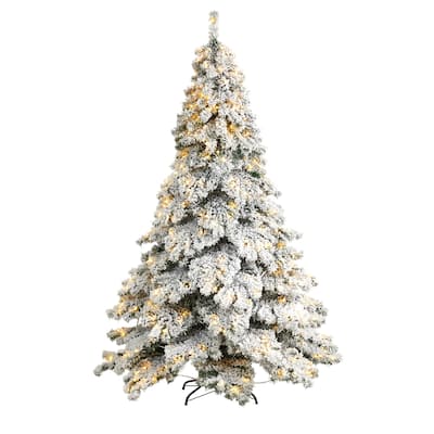 7ft. Flocked Fir Artificial Christmas Tree with 400 Warm White LED Lights & 1063 Branches - Majestic Winter Holiday X-Mas Tree