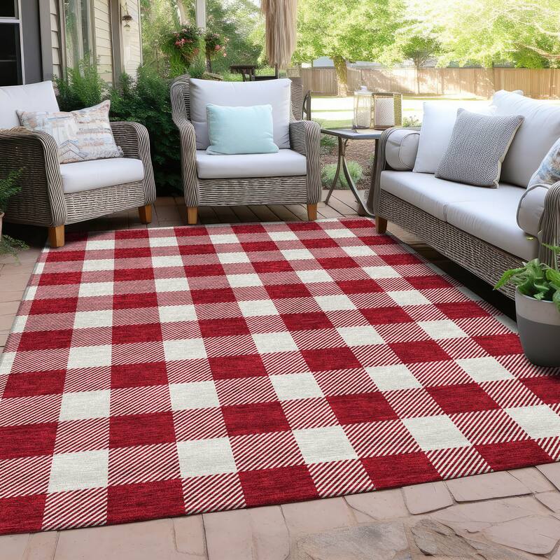 Machine Washable Indoor/ Outdoor Chantille Plaid Rug - Red - 8' x 10'