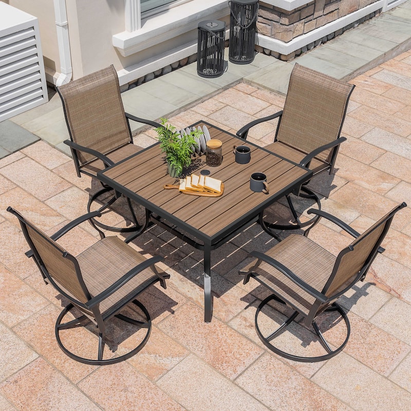 Brown Swivel Textilene and Iron Outdoor Patio Chairs with Powder-coated Finish