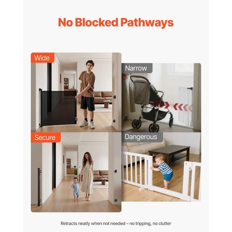 Retractable Baby Gate with Escape-Proof Bottom Hook and Mesh Design for Kids and Pets Safety