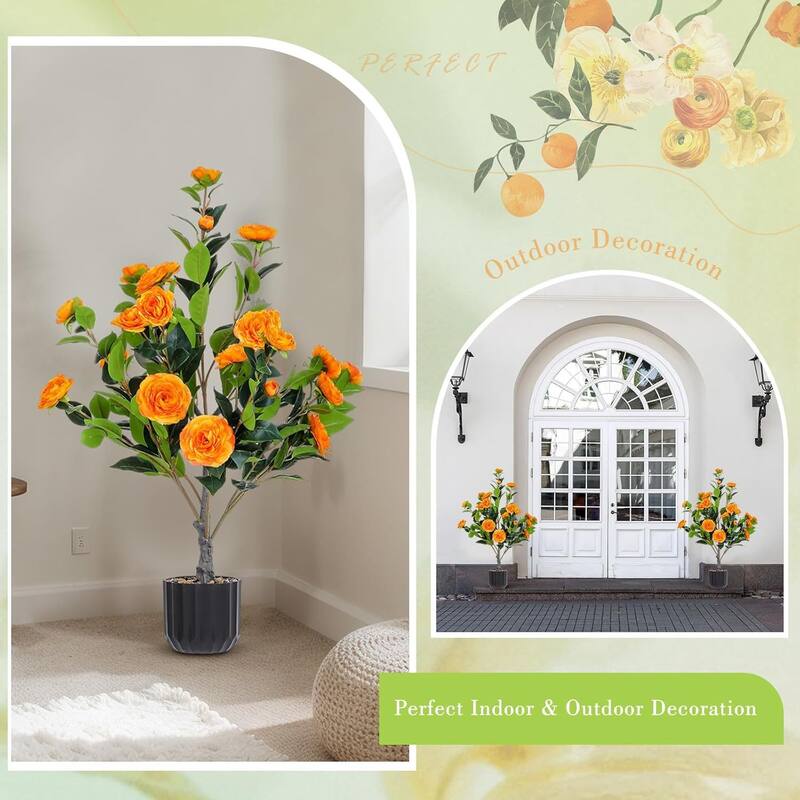 Artificial Camellia Tree 2 Pack, 36"Faux Camellia Plant in Pot with Orange Flowers, Greenery Potted Plant for Indoor Outdoor