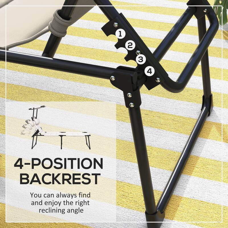 Outdoor Adjustable Backrest Folding Chaise Lounge, Cushioned Tanning Chair with Sunshade Roof & Pillow Headrest