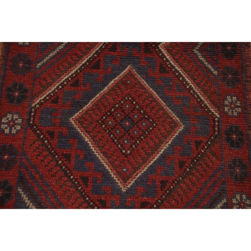 Hand Knotted Oriental 100% Wool Carpet Traditional Tribal Red Balouch Runner Rug - 8' 1'' X 2' 0''
