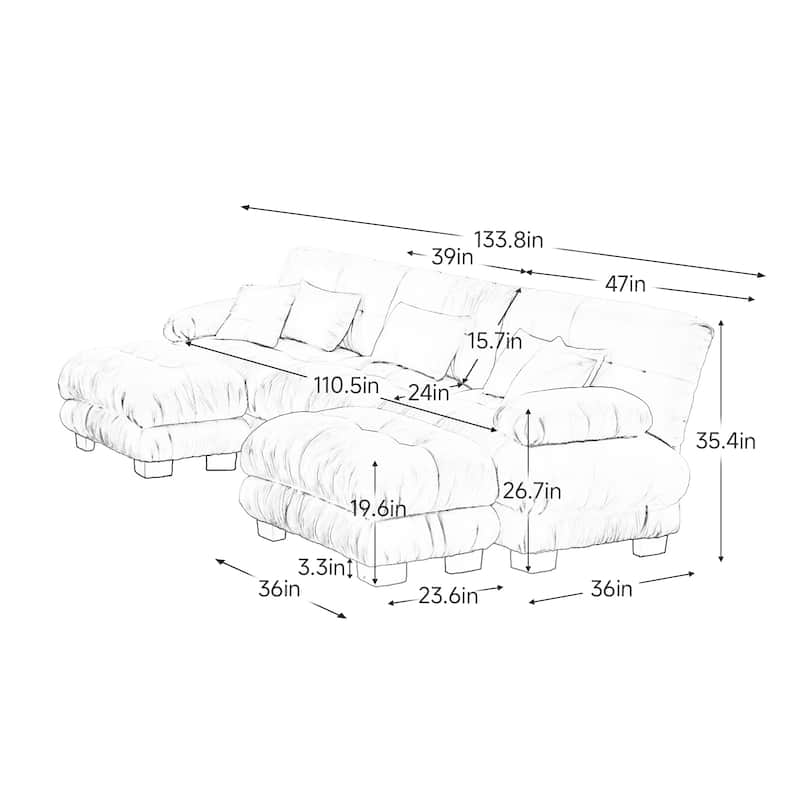 133.8" 3 Seater Modular Sofa, Oversized Upholstered Sectional Couches for Living Room, Chenille Fabric Couch Set with Ottoman