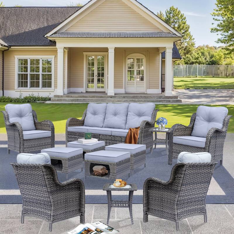 11 Piece Outdoor Wicker Patio Conversation Seating Furniture Sofa Sets - Grey-Gray Rattan
