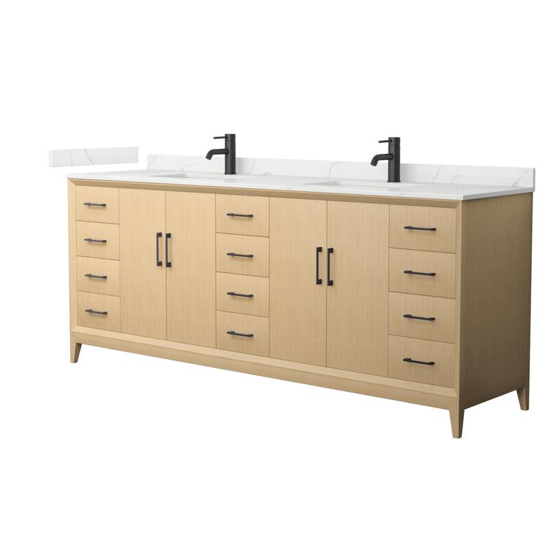 Wyndham Collection WCH7575-84D-QTZ-UNSMXX Janna 84" Free Standing - White Oak / Giotto Quartz Top / Matte Black