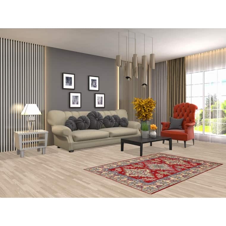 Red Geometric Kazak Foyer Rug Hand-Knotted Oriental Wool Carpet - 3'5" x 5'2"