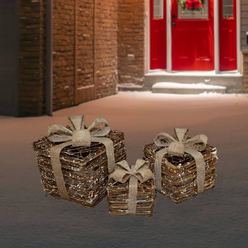 3 Lighted Rattan Gift Boxes Burlap Bows Table Top Christmas Decoration