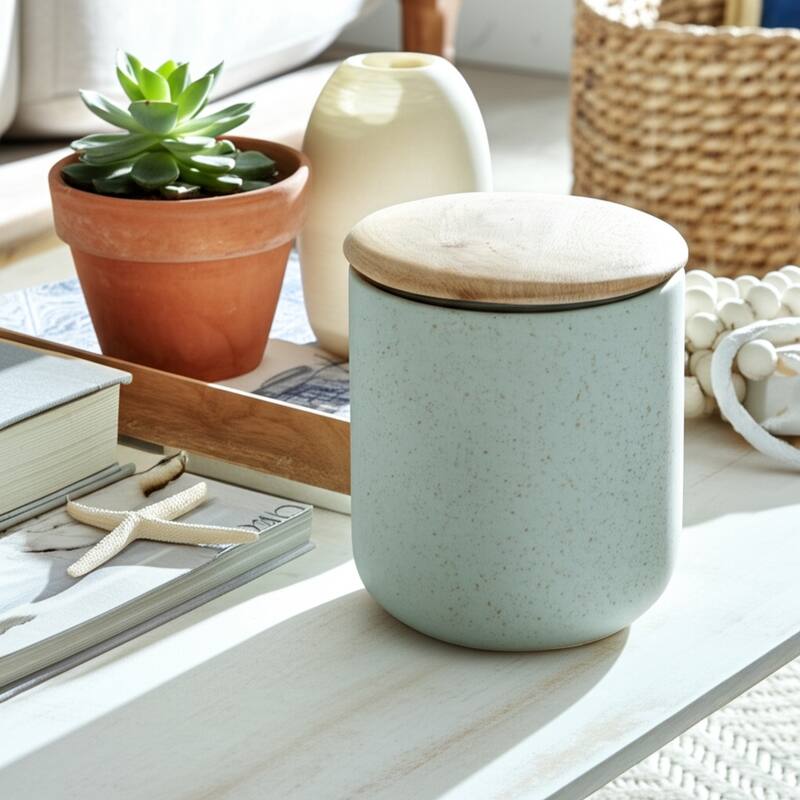 Wood Lid and Textured Pottery Base Decorative Modern Indoor Candle - 4" x 4" x 4"