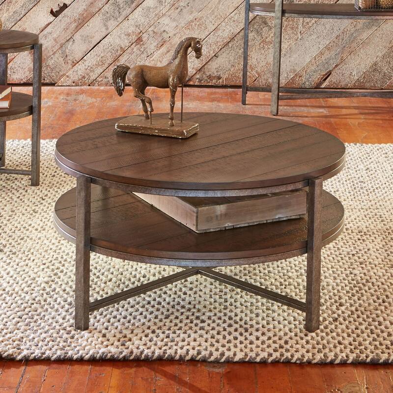 Breckinridge Mahogany Spice with Pewter Metal Round Cocktail Table - Mahogany - Wood/Veneer