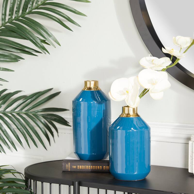 Metal Vase with Gold Rims (Set of 2) - Cream, Blue, Yellow, Red - Blue